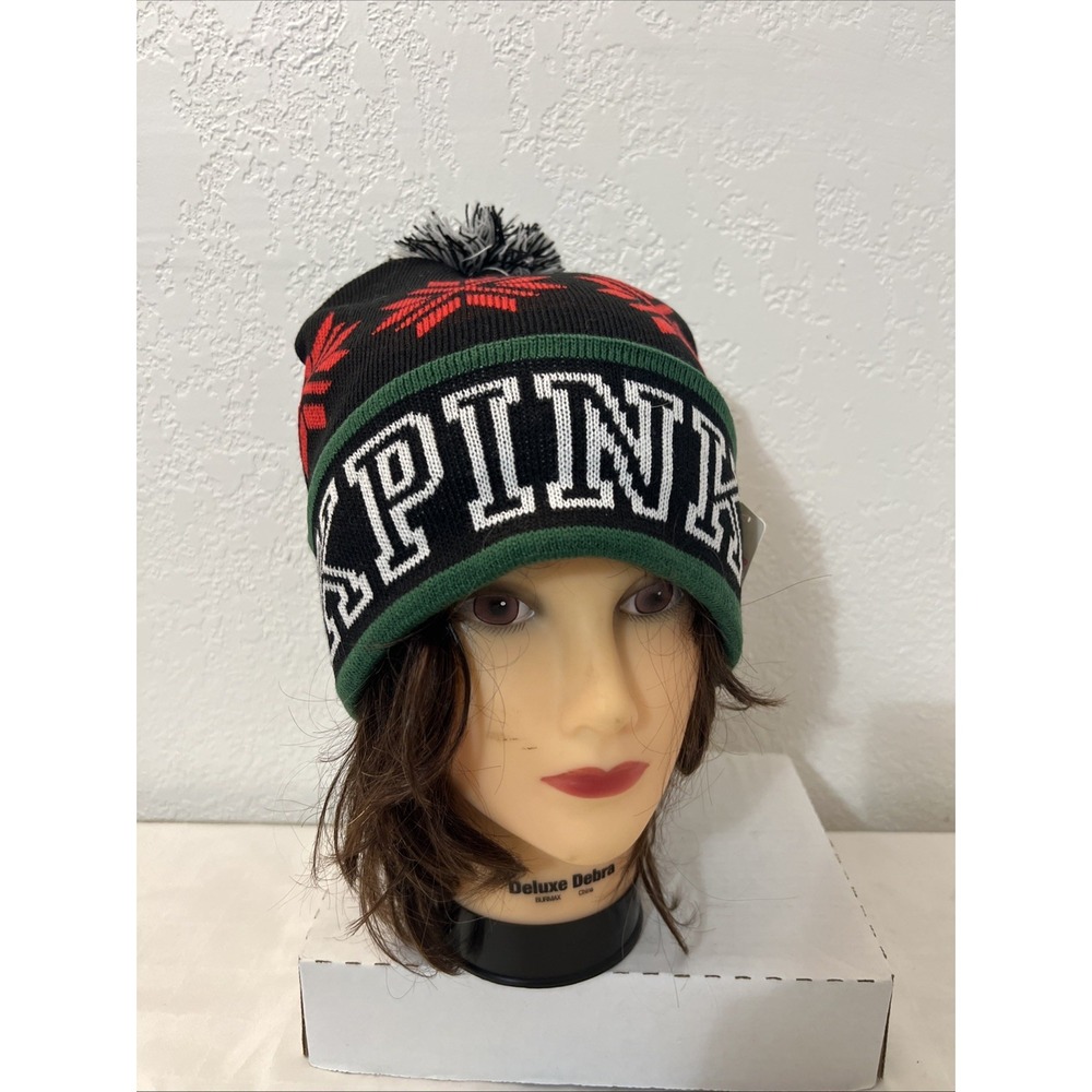 Victoria's Secret PINK Snowflake Beanie Winter Hat w/ Pom Pom Black Red NWT NEW